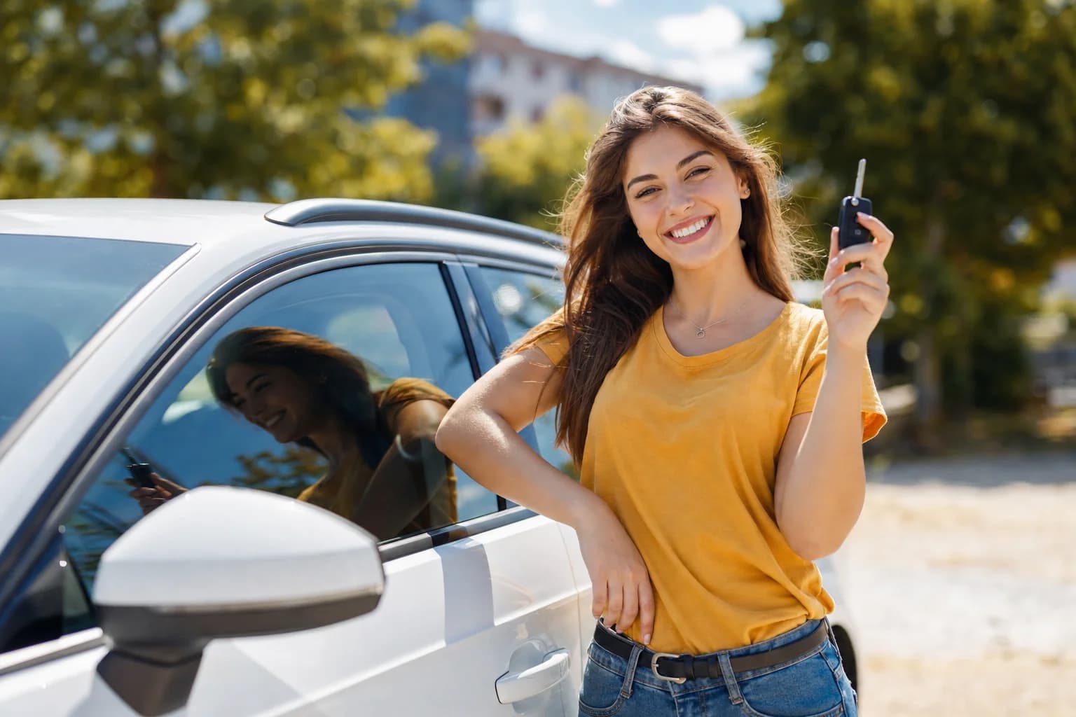 Glückliche junge Fahrschülerin mit Autoschlüssel