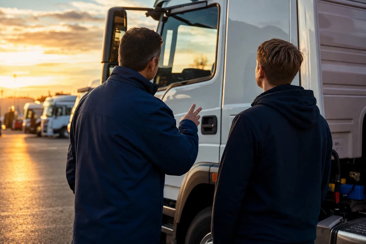 Fahrlehrer erklärt dem Fahrschüler den LKW