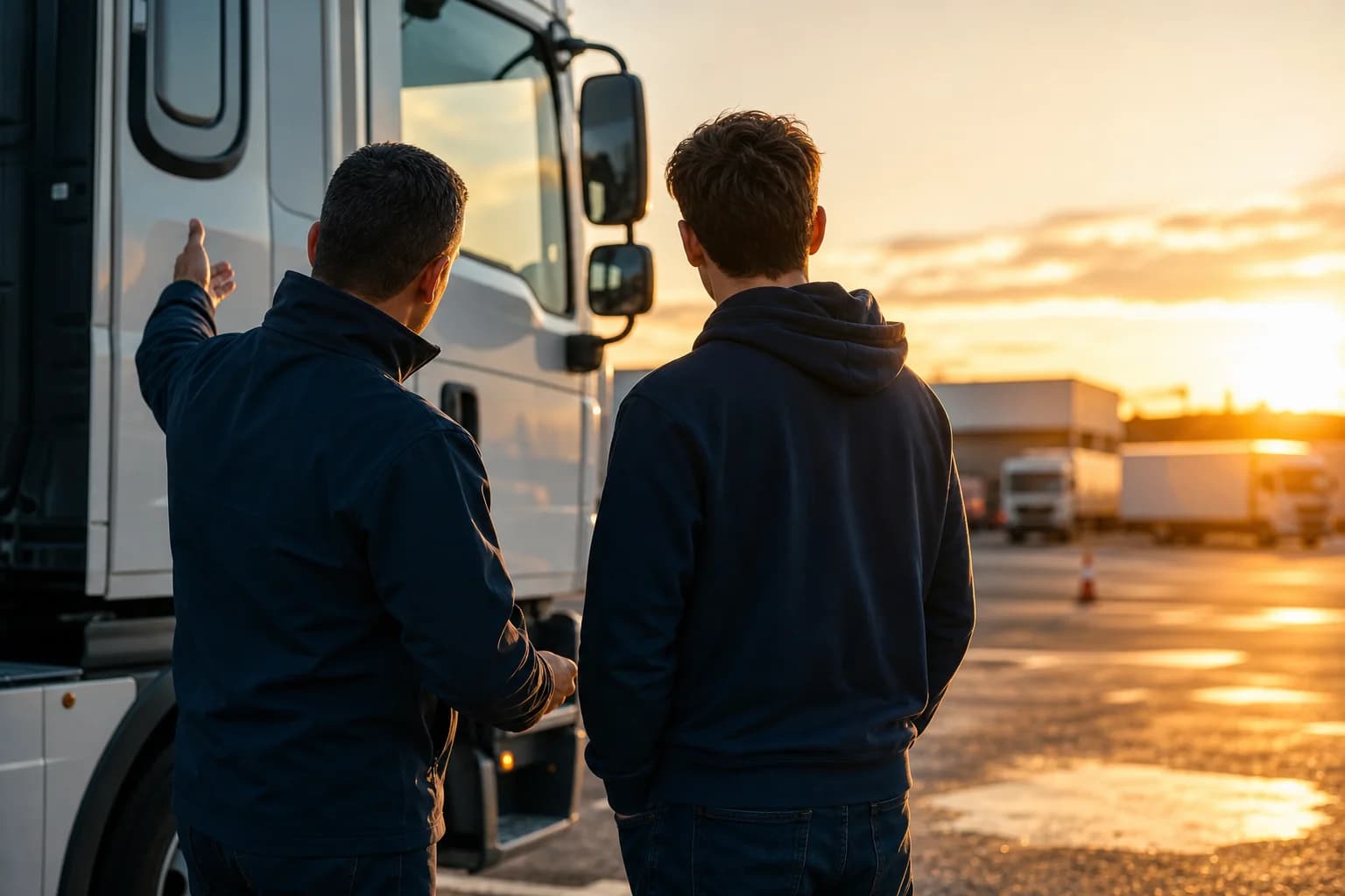 Fahrlehrer der Roadmaster Company erklärt einem Fahrschüler den LKW